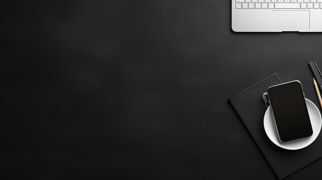 Photo View Of An Office Desk From Above On A Black Background With Text Space By Generative AI