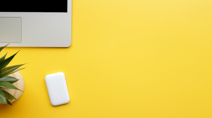 photo view of an office desk from above on a yellow background with text space by generative AI