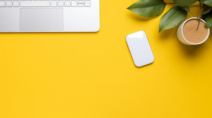 photo view of an office desk from above on a yellow background with text space by generative AI