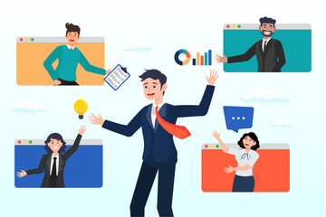 Business people work virtually together collaborate for success, vendor, third party or outsourcing, work with client or colleagues virtually, contractors or supplier, provider or partner (Vector)