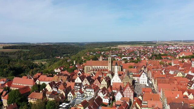 Drone video, aerial view of Rothenburg ob der Tauber with a view of the historic old town. Rothenburg ob der Tauber, Ansbach, Middle Franconia, Bavaria, Germany, Europe
