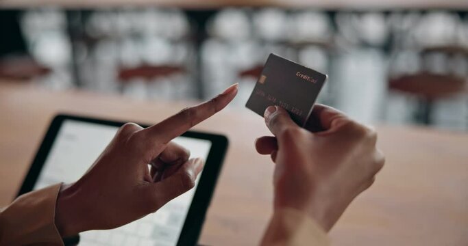 Cafe, tablet or black woman with credit card for ecommerce or investment on digital fintech website. Coffee shop, payment or happy African person online shopping or banking app typing financial data - Powered by Adobe