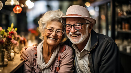Obraz premium a candid photo of a cute old people couple laughing and having fun in the retirement house. couple with grey hair glasses and hat. Generative AI