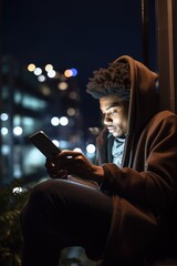 A young African American man sitting on balcony with urban view and using tablet at night