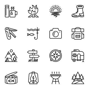 Set of Outdoor Related Vector Line Icons. lamp, map, route, outline, recreation, tool, fire, photo, shoe, kit, camper, hiking, picnic, tent, illustration, camp