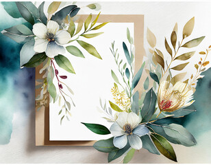 Ready to use Card. Herbal Watercolor invitation design with leaves. flower and watercolor background. floral elements, botanic watercolor illustration. Template for wedding. frame