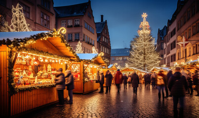 People enjoying a traditional Christmas market with wooden stalls and glowing lights