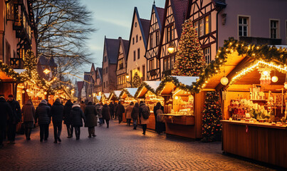 Naklejka premium People enjoying a traditional Christmas market with wooden stalls and glowing lights
