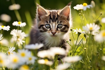 A fluffy kitten with big, curious eyes sits in a field of wildflowers, surrounded by beauty and wonder.