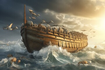 3D rendering of Noah's Ark on the sea, created using mixed media. Generative AI