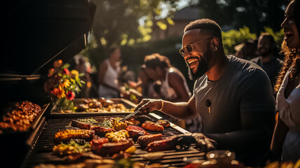 a photo of a black african american family and friends having a picnic barbeque grill in the garden. having fun eating and enjoying time. sunny day in the summer. for an ad. Generative AI