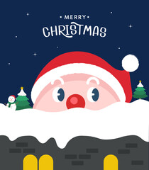 Christmas greeting card design. Vector illustrations for holiday post graphic with Santa Claus, Christmas tree, Snowman and snow house