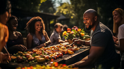a photo of a black african american family and friends having a picnic barbeque grill in the garden. having fun eating and enjoying time. sunny day in the summer. for an ad. Generative AI