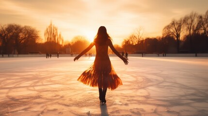 beautiful girls skating on ice against the backdrop of sunset