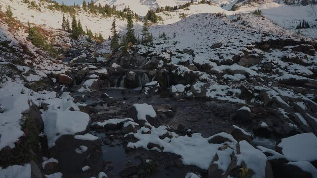 Edith Mountain Creek in Mount Rainier National Park Covered by White Snow during Morning Sunrise in Slow Motion