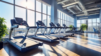 Modern gym interior with equipment. Fitness club with a row of treadmills for fitness cardio training in the evening illumination