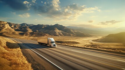 Fototapeta premium truck against the backdrop of mountains, fields and a beautiful sunset 