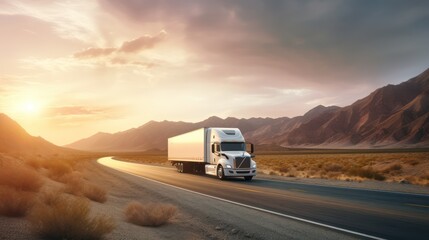 truck against the backdrop of mountains, fields and a beautiful sunset
