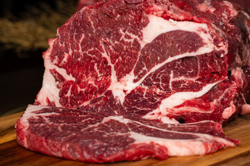 Close-up beef raw red steak on wooden board background.Meat texture.