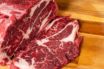 Close-up beef raw red steak on wooden board background.Meat texture.