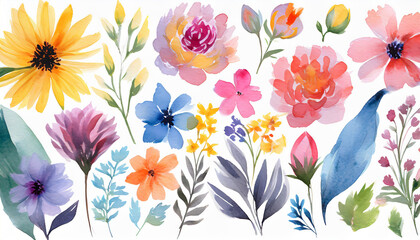 Fototapeta na wymiar Abstract flowers watercolor clipart, hand painting floral set, flowers and leaves.