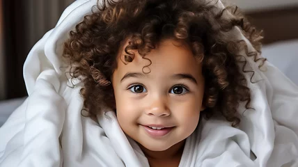 Fotobehang  a very cute little black african baby kid with afro hair wrapped in soft white blanket on a bed smiling. image perfect for ads. big beautiful eyes and tiny nose. Generative AI © Shubby Studio