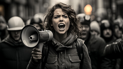 a woman shouting through megaphone on a workers environmental protest in a crowd in a big city. black and white documentary photo. Generative AI