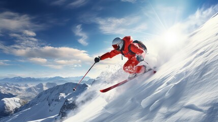 snowboarder against a background of clear sky, snow and high mountains