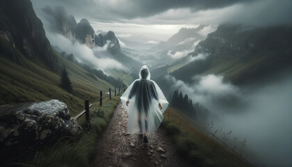 Vue d'une personne portant un poncho de pluie transparent, marchant prudemment sur un sentier escarpé et glissant en montagne. La brume et les nuages bas ajoutent une atmosphère mystique à la scène.