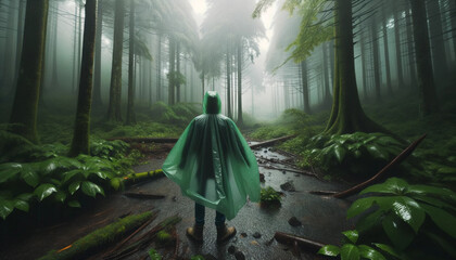 Photo réaliste d'un individu portant un poncho de pluie vert, se protégeant d'une averse torrentielle en forêt dense. Le sol est boueux et on peut voir des flaques d'eau autour. 