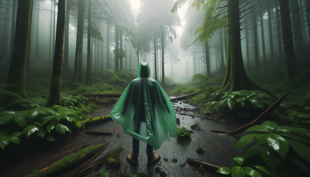 Photo r&eacute;aliste d'un individu portant un poncho de pluie vert, se prot&eacute;geant d'une averse torrentielle en for&ecirc;t dense. Le sol est boueux et on peut voir des flaques d'eau autour. 
