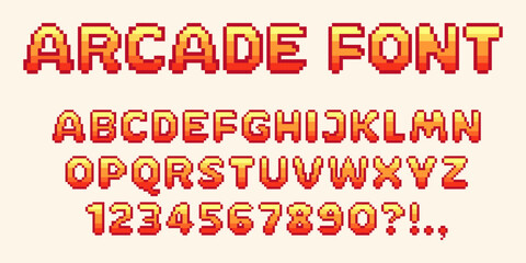 Pixel video game font. 8-bit symbols, letters and numbers. Oldschool retro nostalgic typeface.