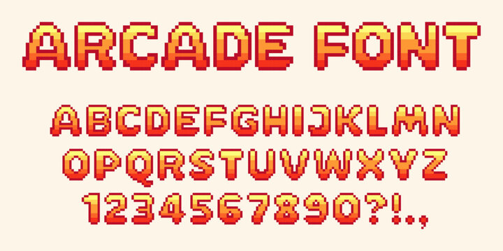 Pixel video game font. 8-bit symbols, letters and numbers. Oldschool retro nostalgic typeface.
