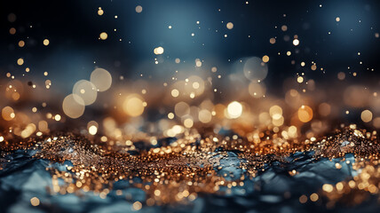 Abstract shimmering holiday background blue, gold bokeh lights Glitter illustration. Design ai