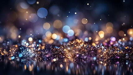 Fototapeta na wymiar Abstract shimmering holiday background blue, gold bokeh lights Glitter illustration. Design ai