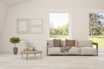 White living room with sofa and summer landscape in window. Scandinavian interior design. 3D illustration