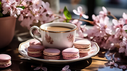 Fototapeta na wymiar Aesthetic brunch of tea time, herbal tea and macarons dessert outside in the terrace under trendy hard shadows. Sweet desserts, natural herbal tea - natural sustainable eco-friendly lifestyle on table