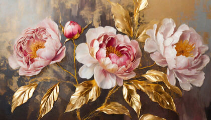 Oil painting with flower rose, peonies, gold leaves. Botanic print background on canvas - floral triptych In Interior, art. 