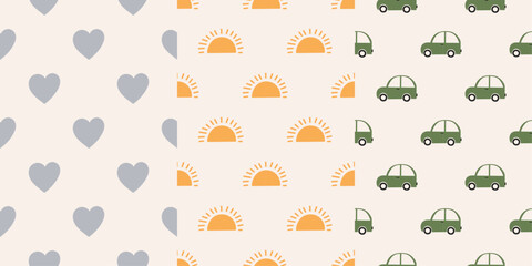 Collection baby seamless patterns. Nursery wall art. Simple neutral prints. Kids toy car, heart and sun  Boho style. Cute backgrounds for baby shower design, clothes, party, accessories.