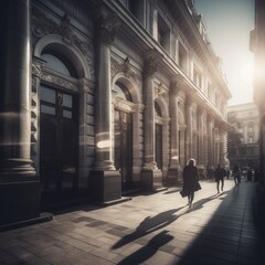 Obraz premium people walk past the bank building