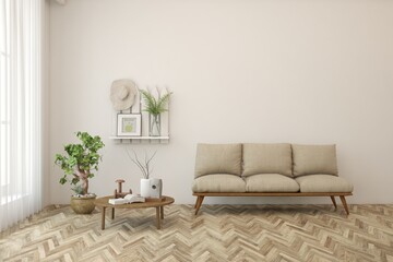 White scandinavian interior design with sofa. 3D illustration