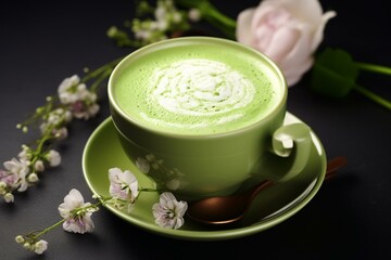 Delicious matcha latte with frothy milk and a sprinkle of powder. Generative AI