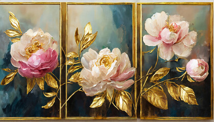 Oil painting with flower rose, peonies, gold leaves. Botanic print background on canvas - floral triptych In Interior, art.