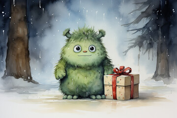 Cute illustration of a winter holiday monster with gift, watercolor style - obrazy, fototapety, plakaty