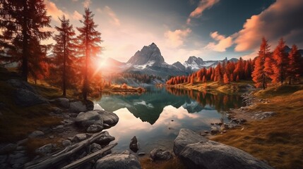 Fototapeta na wymiar autumn view of Lake Federa in Dolomites at sunset. Fantastic autumn scene with colour sky, majestic rocky mount and colorful trees glowing sunlight in Dolomites. Location: Federa lake with Dolomite