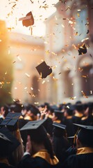 Close-up graduation celebration from behind, shallow depth of field, bokeh background