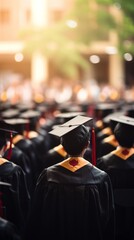 Obraz premium Close-up graduation celebration from behind, shallow depth of field, bokeh background