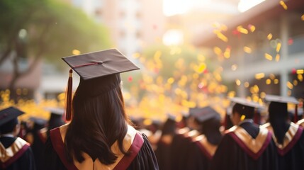 Close-up graduation celebration from behind, shallow depth of field, bokeh background