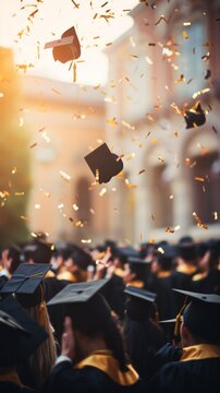 Close-up graduation celebration from behind, shallow depth of field, bokeh background