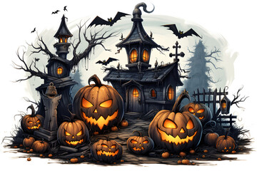 Fototapeta premium Spooky Halloween clip art with pumpkins, bats, and ghosts